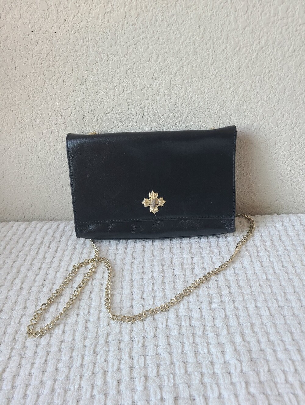 Patricia Nash Black Leather Crossbody Bag with Gold Chain